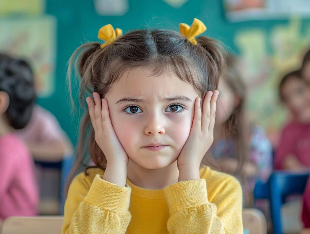 Bild: Ein Mädchen in der Schule, das sich die Ohren zuhält