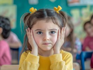 Bild: Ein Mädchen in der Schule, das sich die Ohren zuhält
